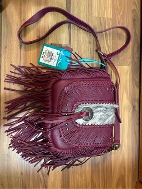 Montana West Burgundy Fringe Crossbody with Haircalf Accent
